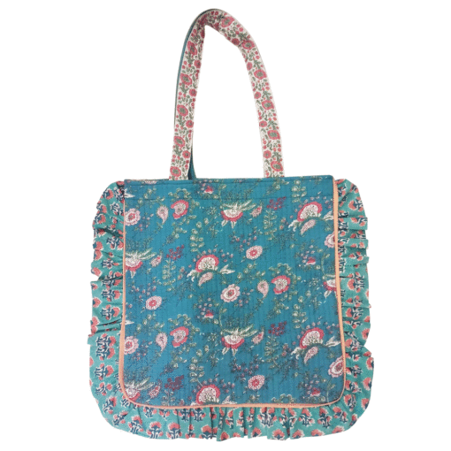 Inky Blue, Pink & Green Mixed Floral & Stripy Quilted Tote Bag With Turquoise & Pink Ruffle