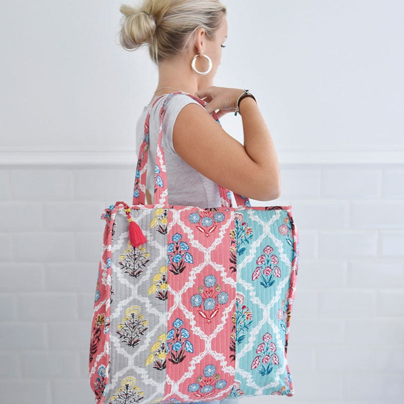 Blue, Pink & Grey Large Quilted Storage Bag With Zip