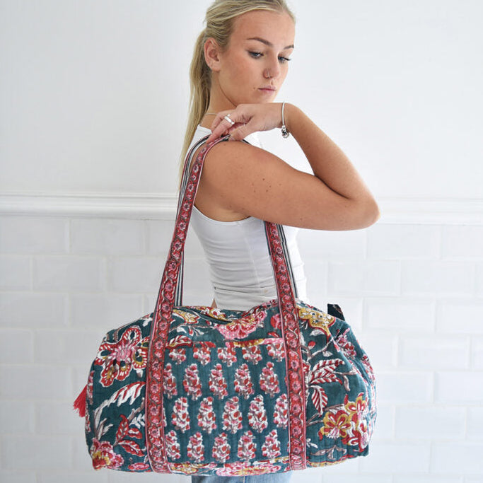 Pine Green, Red, Pink & Mustard Block Print Quilted Duffle Bag