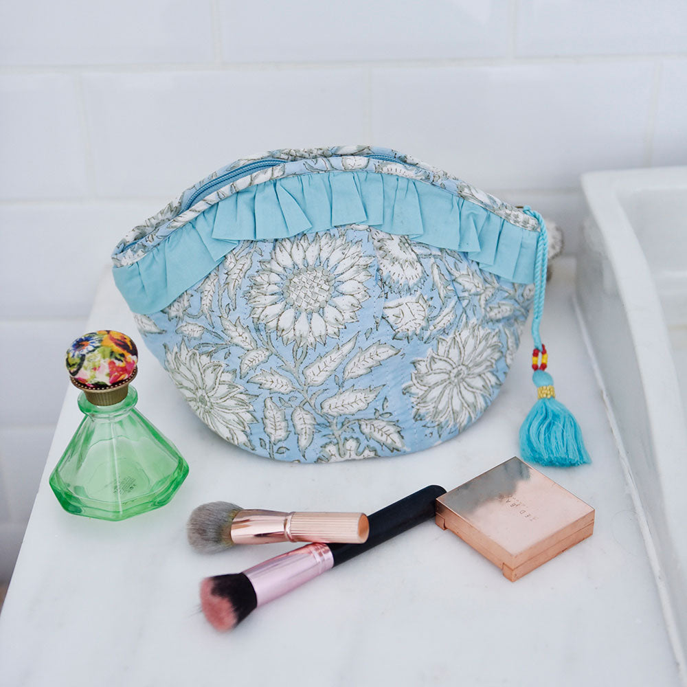 Cornflower Blue Floral Print Balloon Shaped Wash Bag