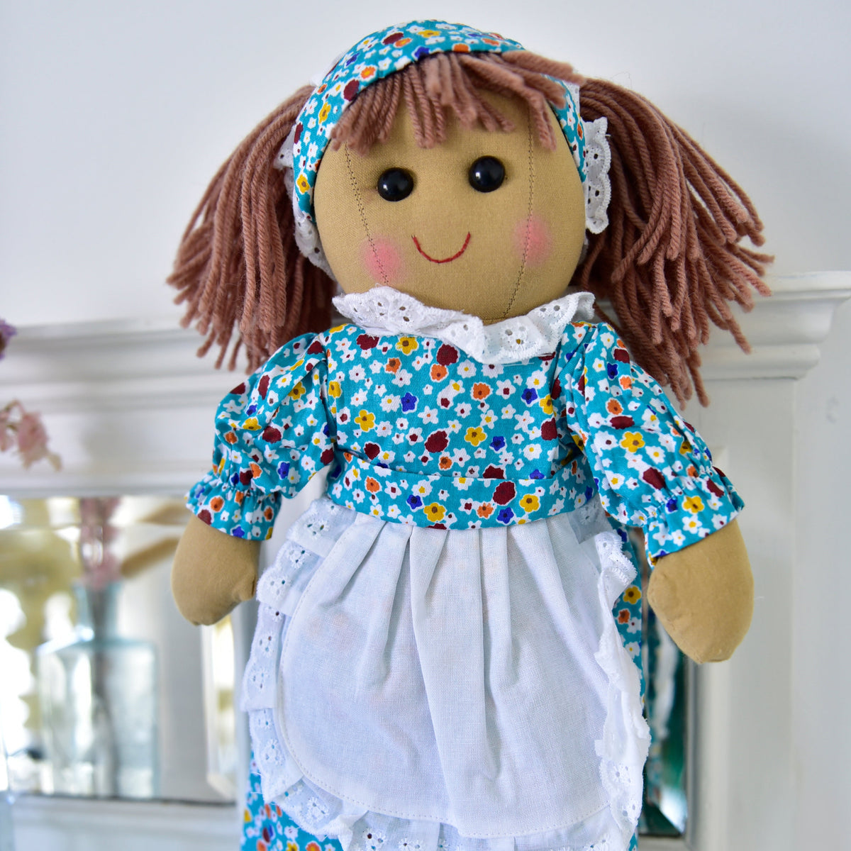 Blue Floral Dress With Pinny Rag Doll 40cm