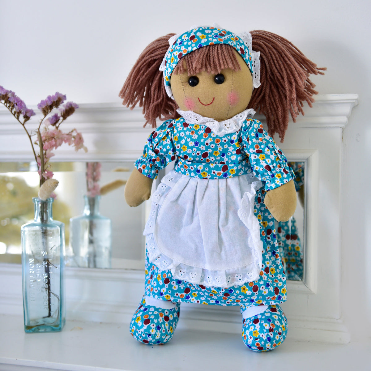 Blue Floral Dress With Pinny Rag Doll 40cm