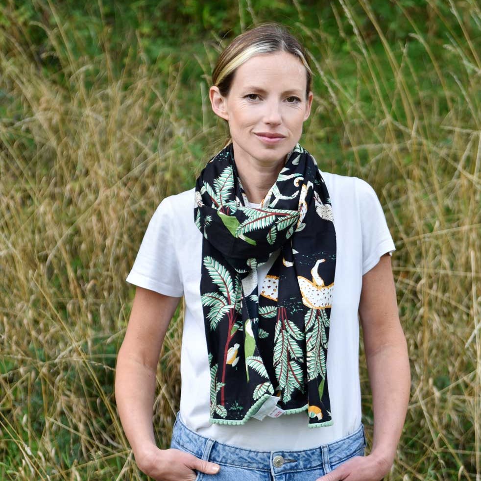 Safari At Night Scarf With Green Pom Pom Trim