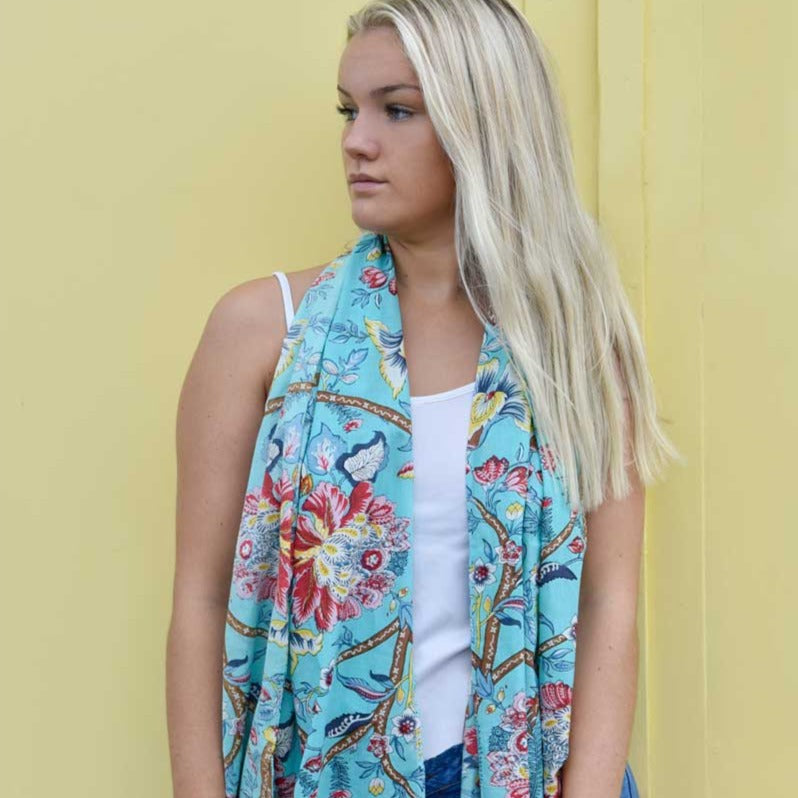 Blue Orchid Scarf With Pink Pom Pom Trim