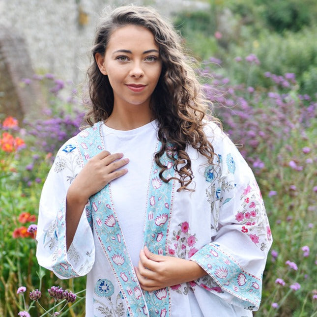 Blue & Pink Floral Block Print Summer Jacket Close Up