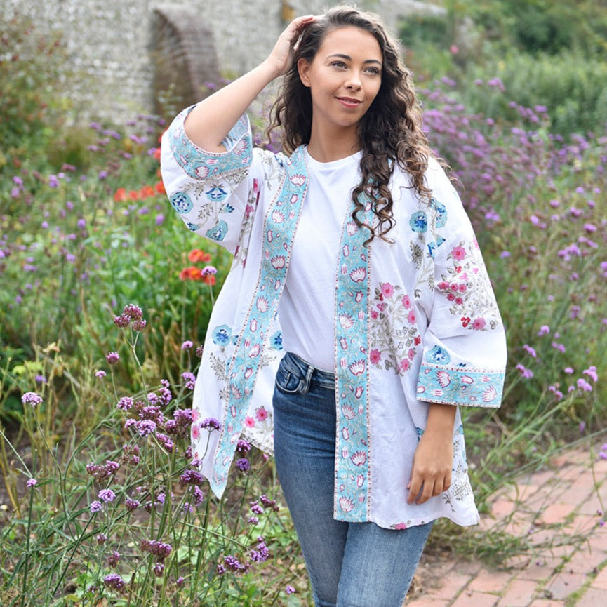Blue & Pink Floral Block Print Summer Jacket