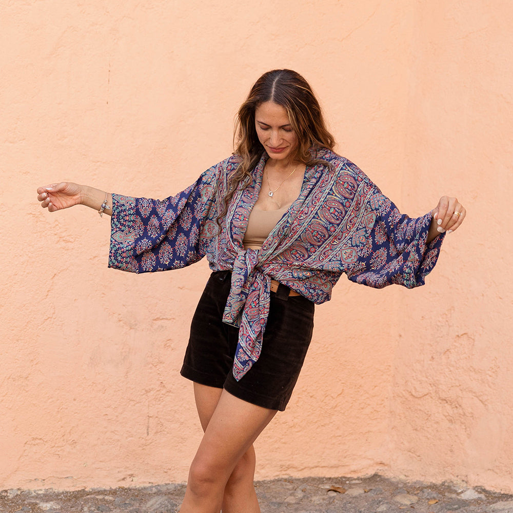 Navy Blue & Coral Viscose Summer Jacket