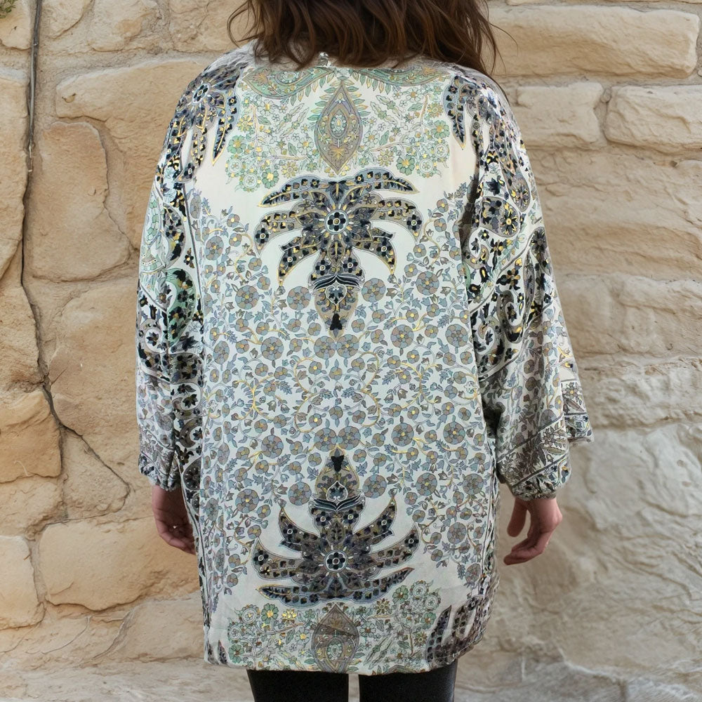 Cream, Black & Pale Blue Paisley Print Viscose Summer Jacket