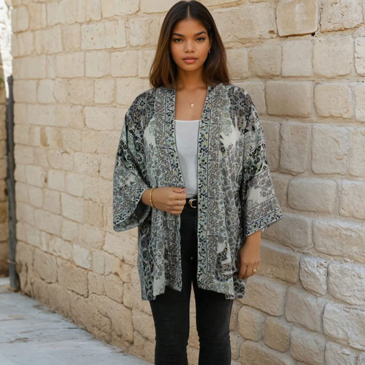 Cream, Black & Pale Blue Paisley Print Viscose Summer Jacket