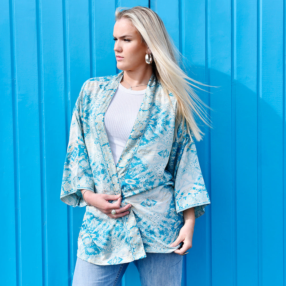 Turquoise, Cream & Gold Viscose Summer Jacket