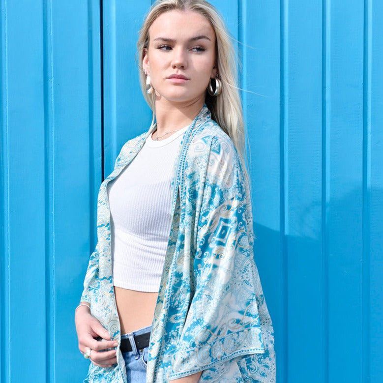 Turquoise, Cream & Gold Viscose Summer Jacket