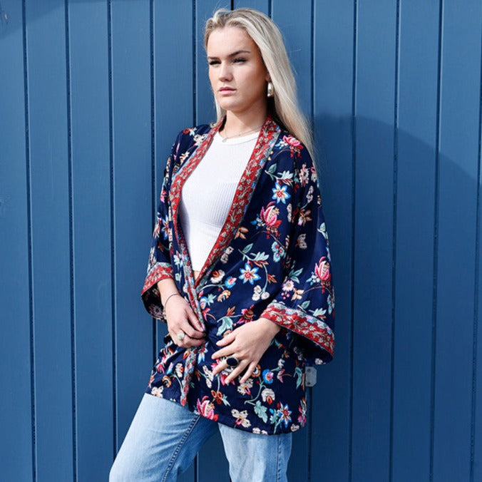 Navy Blue Folk Floral Viscose Summer Jacket