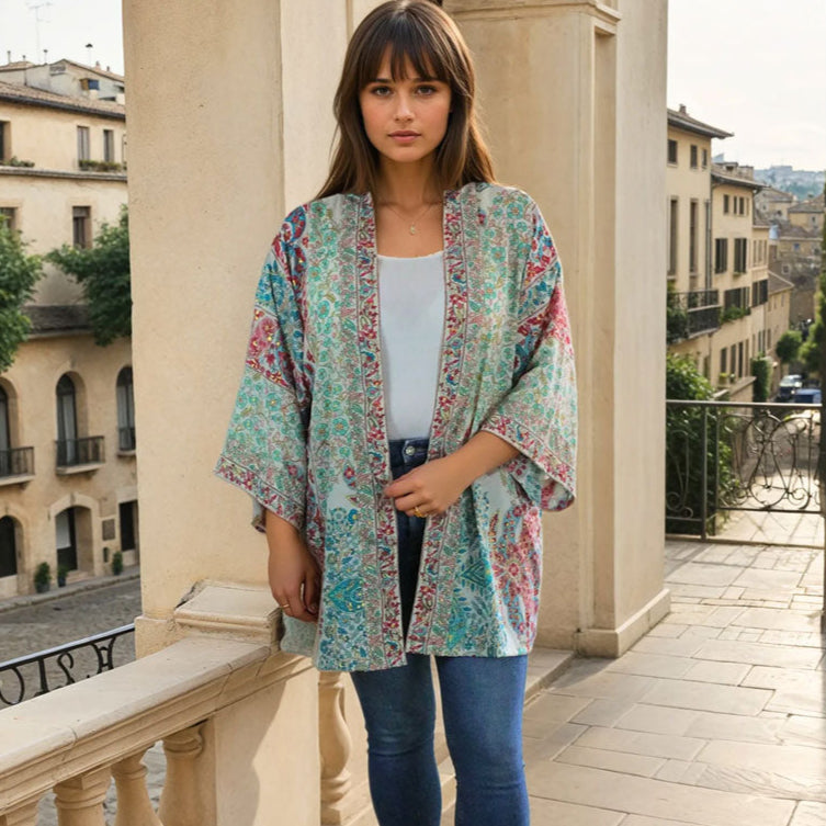 Cream, Pink & Blue Paisley Print Viscose Summer Jacket
