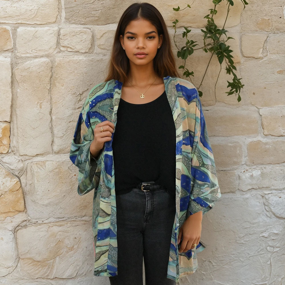 Blue, Green, Grey & Cream Marble Print Viscose Summer Jacket
