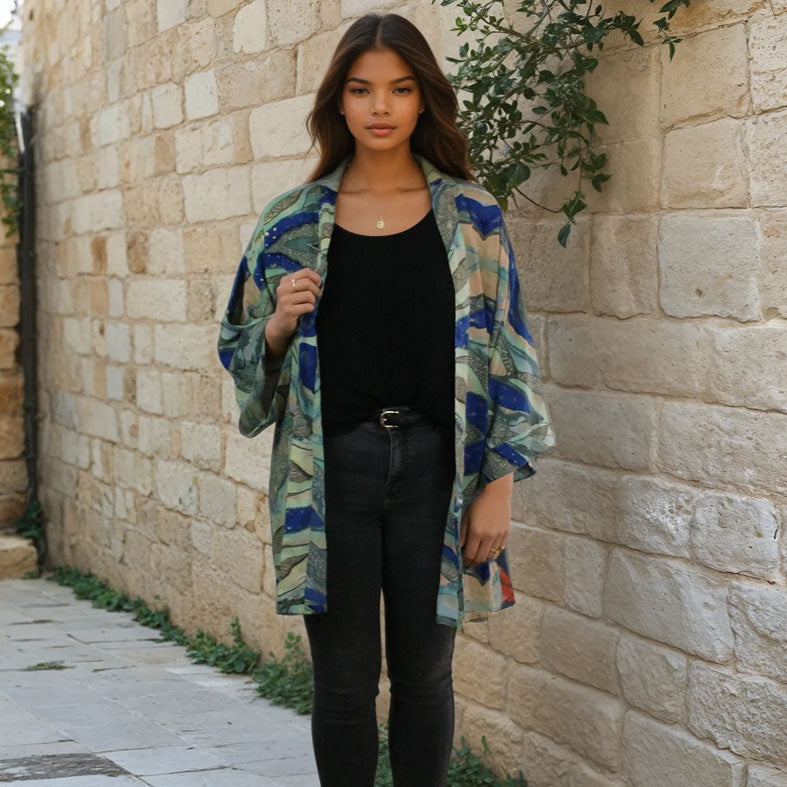 Blue, Green, Grey & Cream Marble Print Viscose Summer Jacket