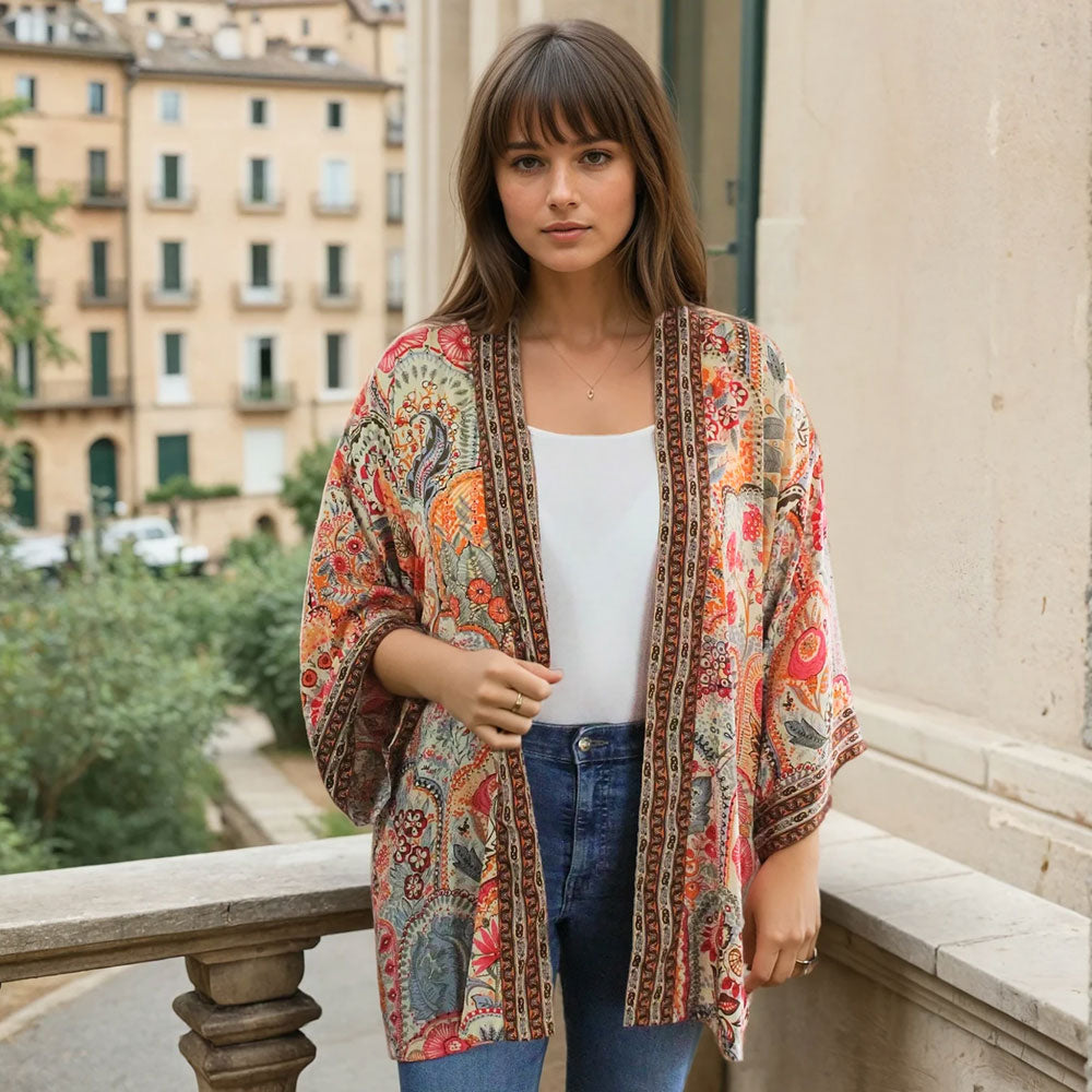 Cream, Orange, Pink & Brown Floral Print Viscose Summer Jacket