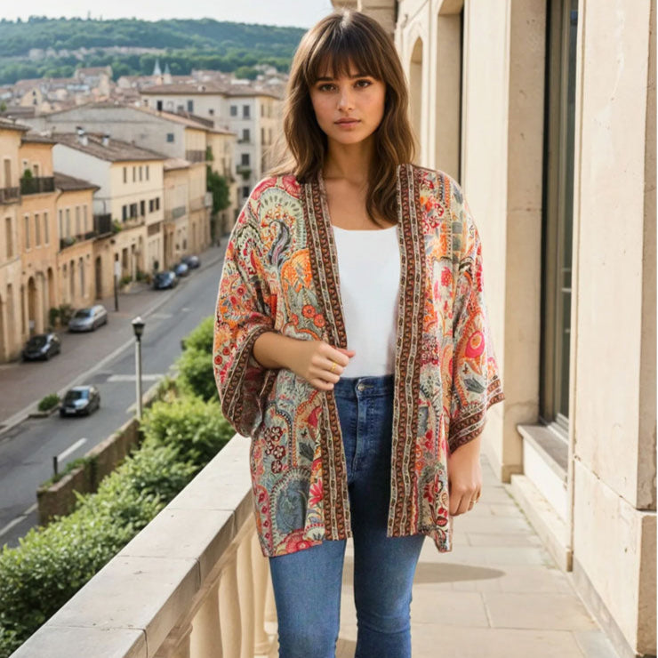 Cream, Orange, Pink & Brown Floral Print Viscose Summer Jacket