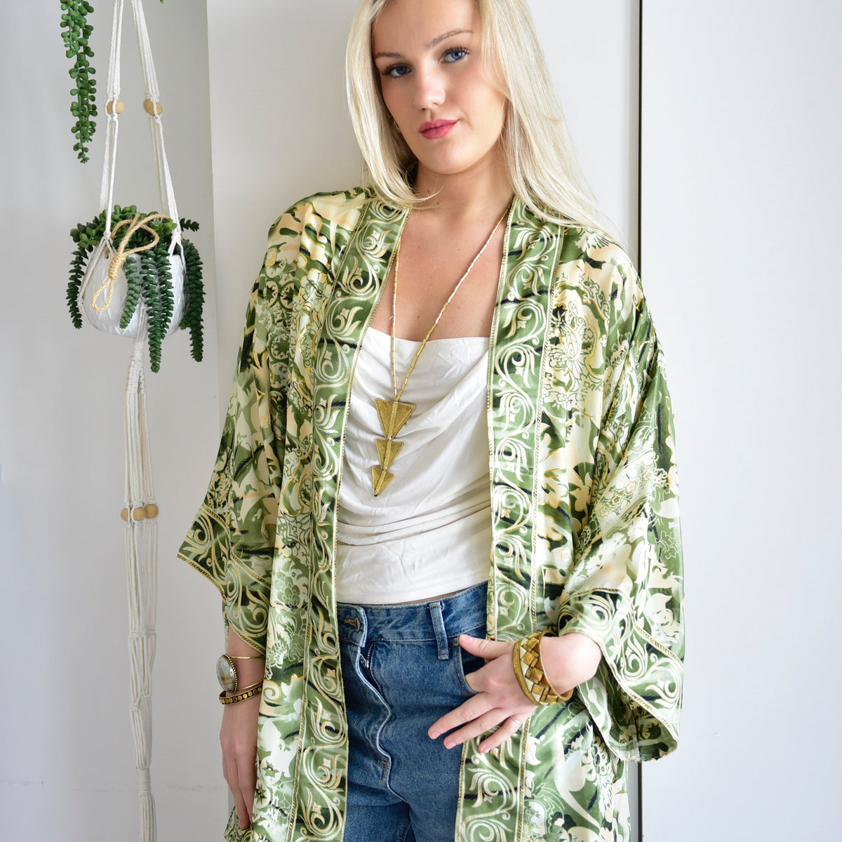 Khaki, Cream & Gold Abstract Floral Viscose Summer Jacket