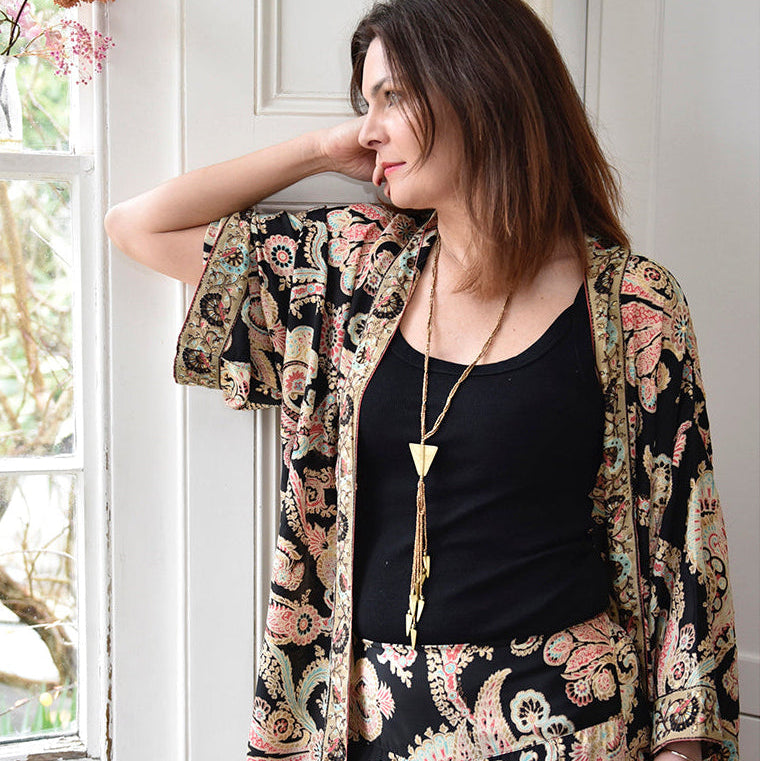 Black, Rose & Gold Baroque Floral Print Long Viscose Summer Jacket