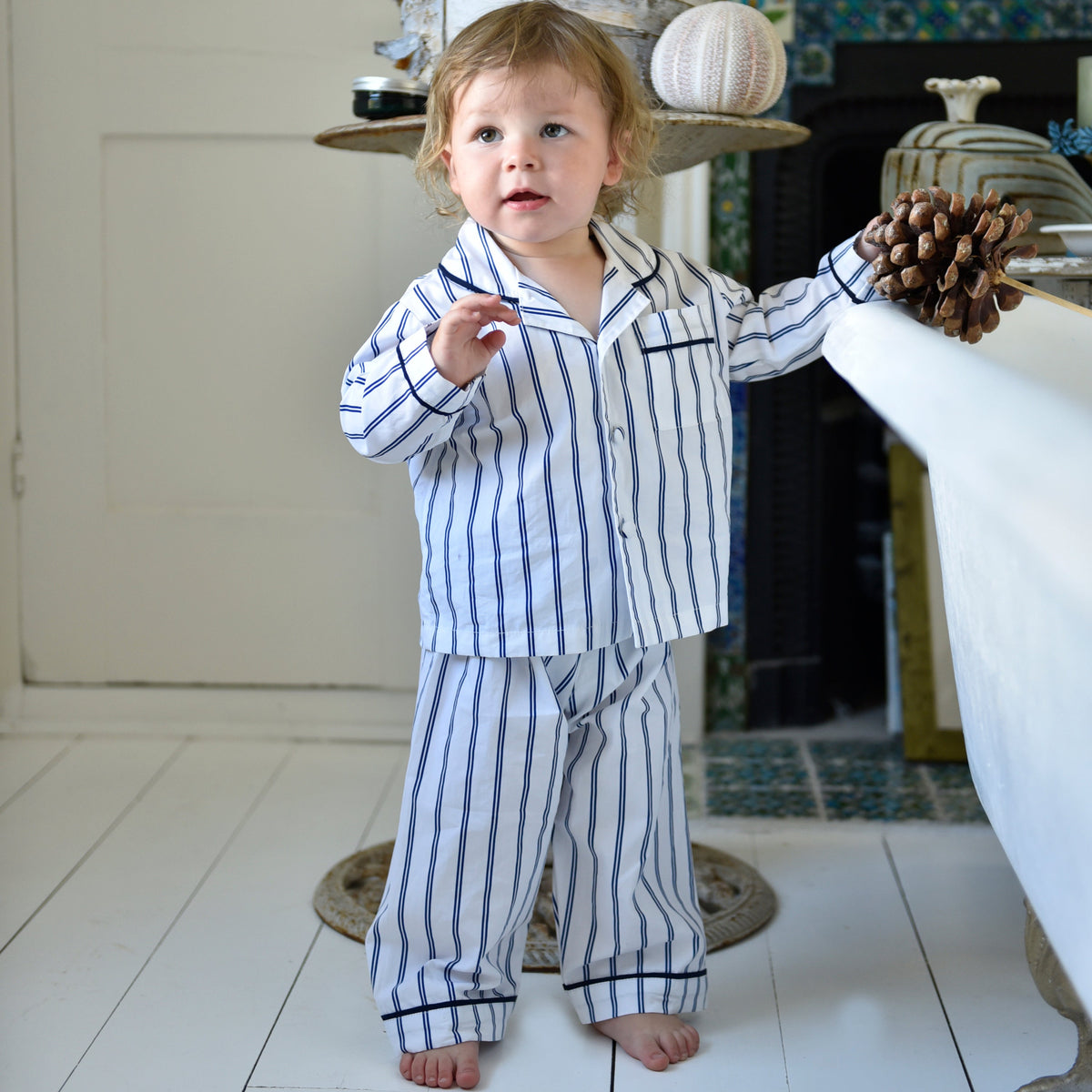 Ralph, White & Blue Halo Stripe Boys Traditional Cotton Pyjamas
