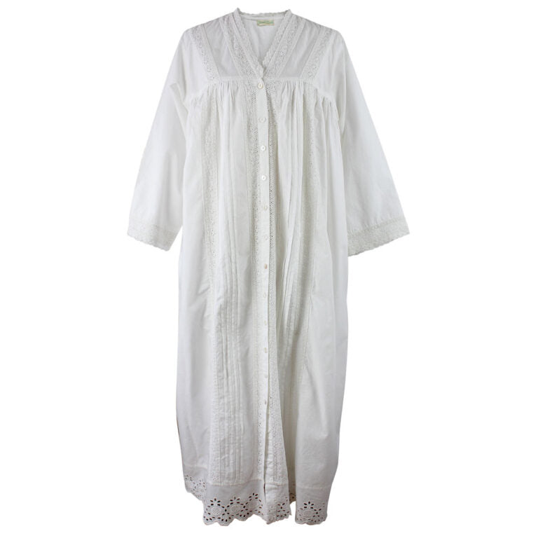 Claudia, Long Sleeve Housecoat, Embroidered Hem & V Neck Cotton Nightdress