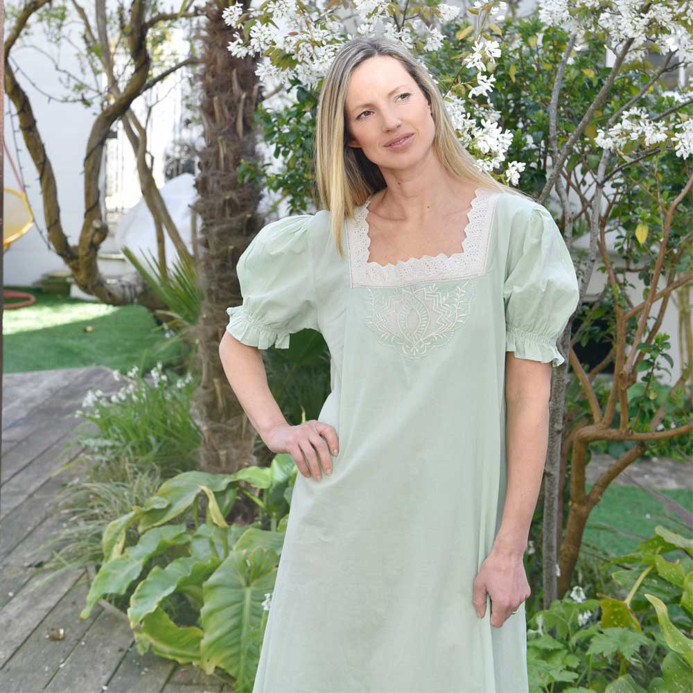 Audrey Green Short Sleeve Embroidered Yolk Nightdress