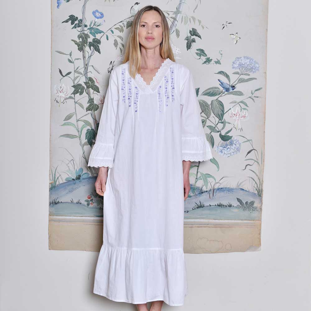 Eloise V Neck 3/4 Length Sleeve Nightdress With Lilac Embroidery