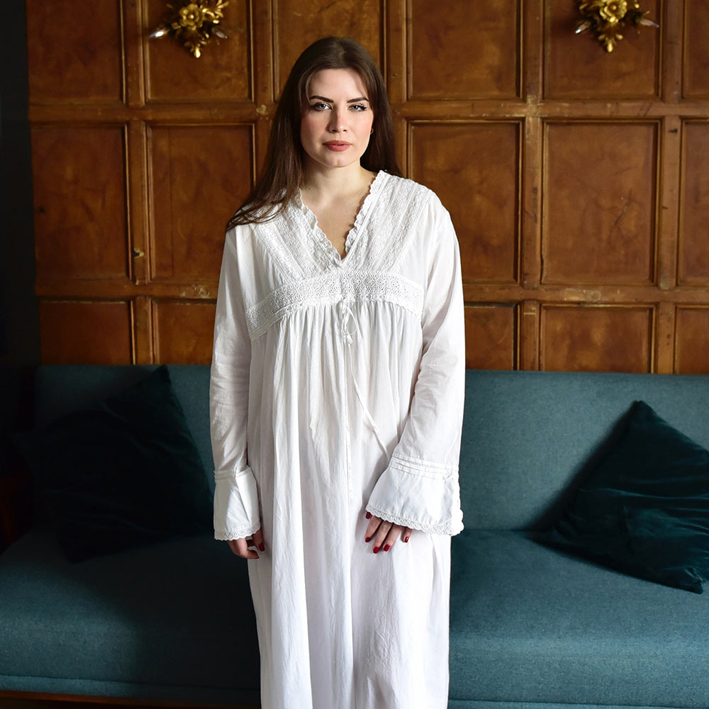 Lucinda, Long Flared Sleeve White Cotton Nightdress With Emb V Neckline