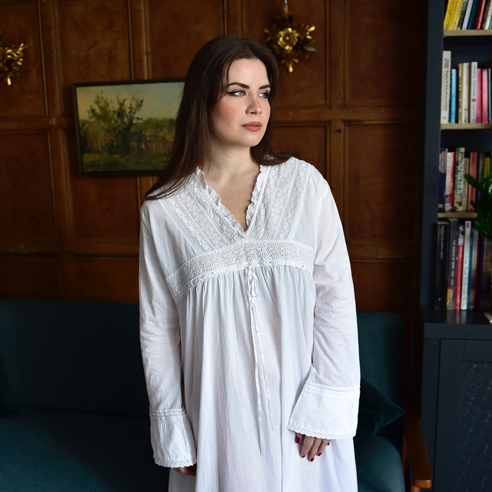 Lucinda, Long Flared Sleeve White Cotton Nightdress With Emb V Neckline