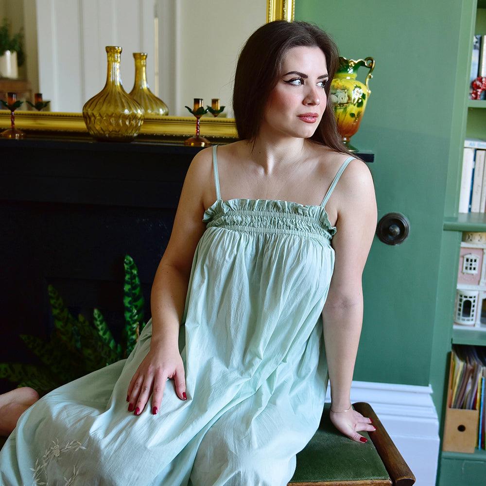 Francesca, Green Adjustable Spaghetti Strap Nightdress With Elasticated Neckline