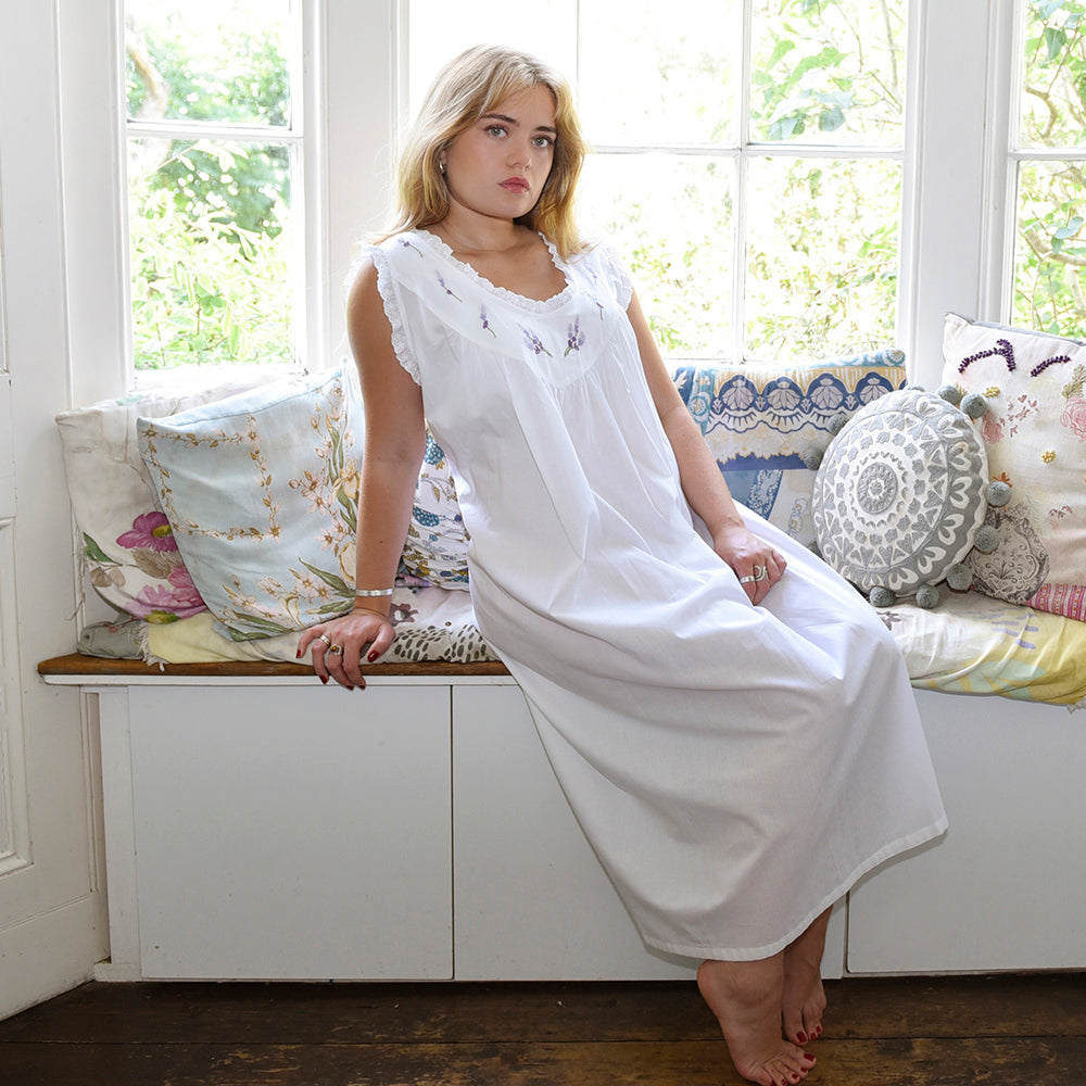 Sally, Frilled Sleeveless V Neck Lavender Embroidered Nightdress