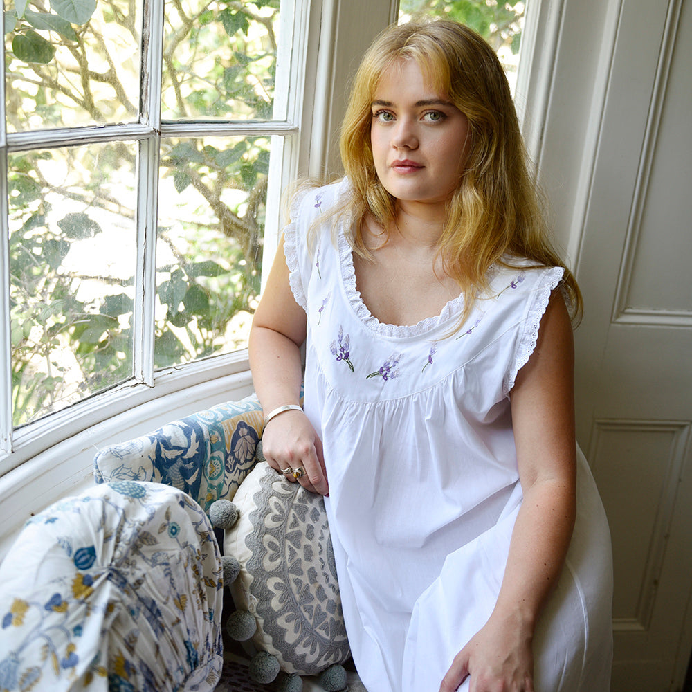 Sally, Frilled Sleeveless V Neck Lavender Embroidered Nightdress