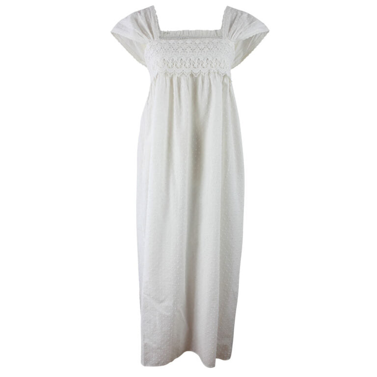 Maud, Capped Sleeve Swiss Dot Cotton Nightdress With Lace Panel
