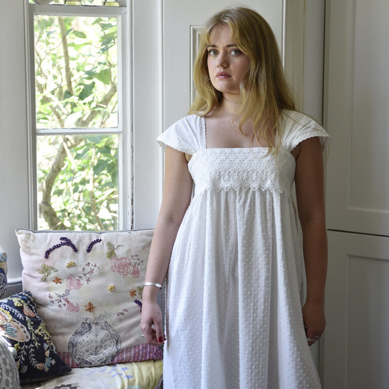 Maud, Capped Sleeve Swiss Dot Cotton Nightdress With Lace Panel