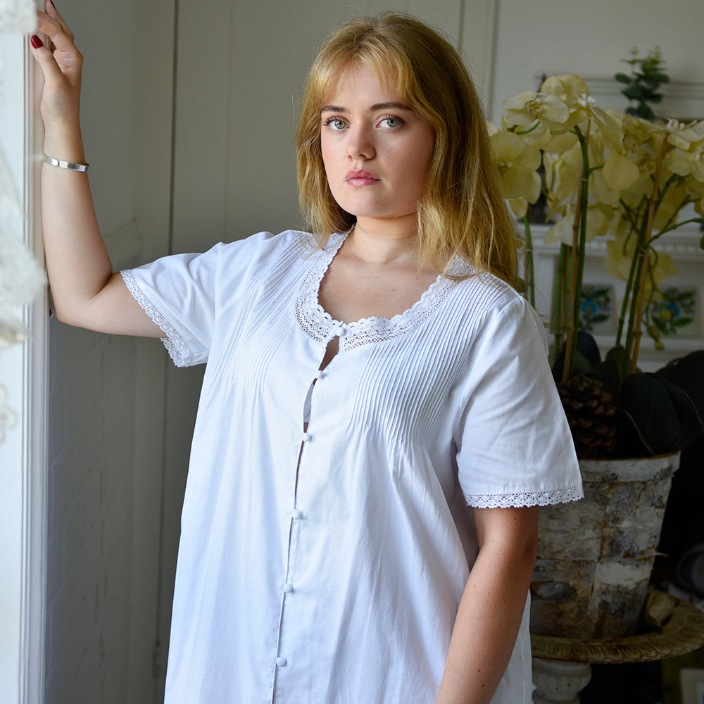 Sadie, Round Neck Button Down Cotton Nightdress With Short Sleeves