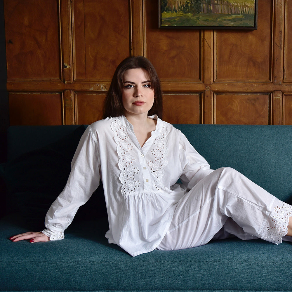 Bettina, White Broderie Anglaise Cotton Pyjamas With Notch Neckline
