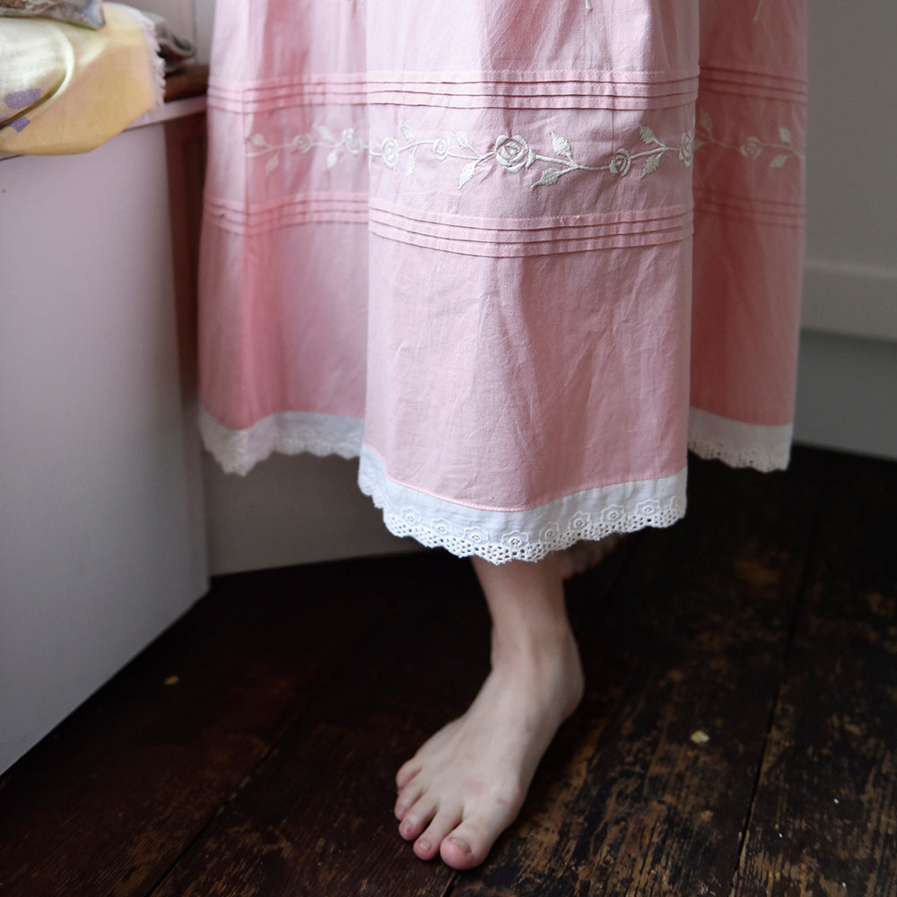 Margo, Pink Frilly Cap Sleeve Cotton Nightdress With Rose Embroidery