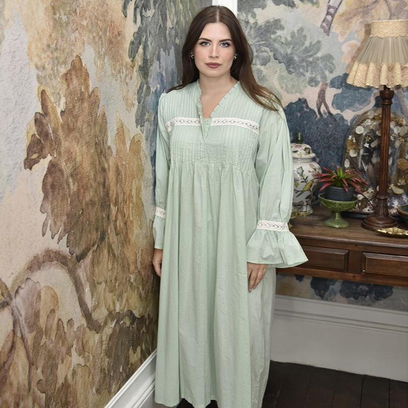 IZZY + TOBY Women's 100% Cotton Long Sleeve Nightgown | Soft Warm Nightdress With Lace Trim | Loose Fit Sleep Gown