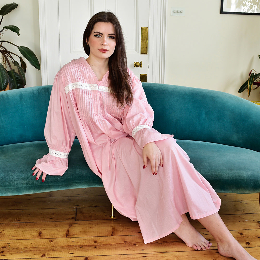 Anna, Pink Long Sleeved Cotton Nightdress With Pin Tucking