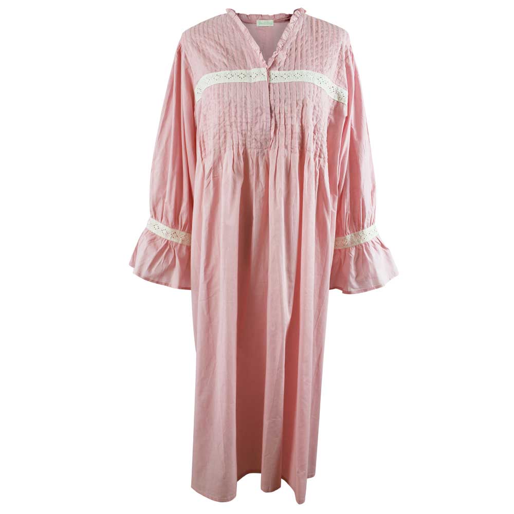 Anna, Pink Long Sleeved Cotton Nightdress With Pin Tucking