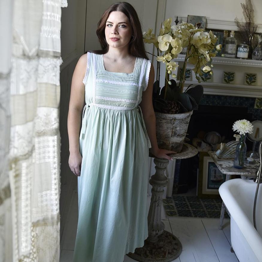 Lorna, Green Sleeveless Cotton Nightdress With Side Ties