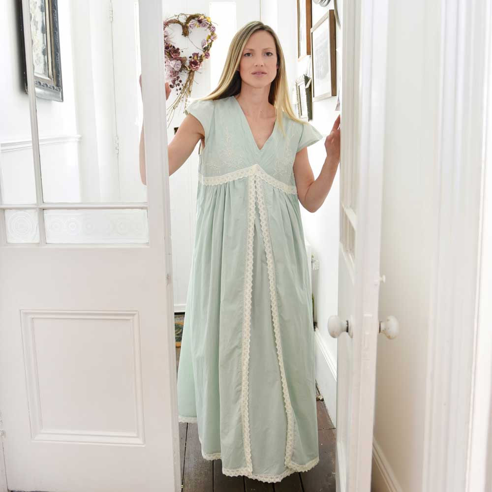 Green Valerie Capped Sleeve V Neck Pearl Seeded Nightdress
