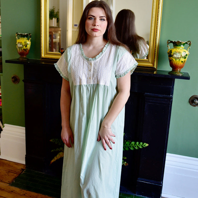 Serena, Green Short Sleeve Cotton Nightdress With Embroidered And Buttoned Bib Front
