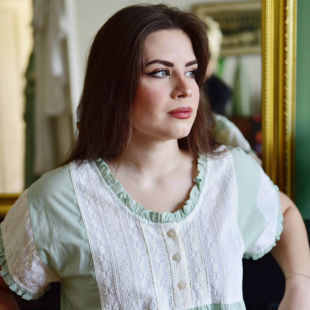 Serena, Green Short Sleeve Cotton Nightdress With Embroidered And Buttoned Bib Front