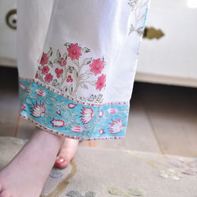 Blue & Pink Floral Block Print Pyjamas Trouser Cuff Detail