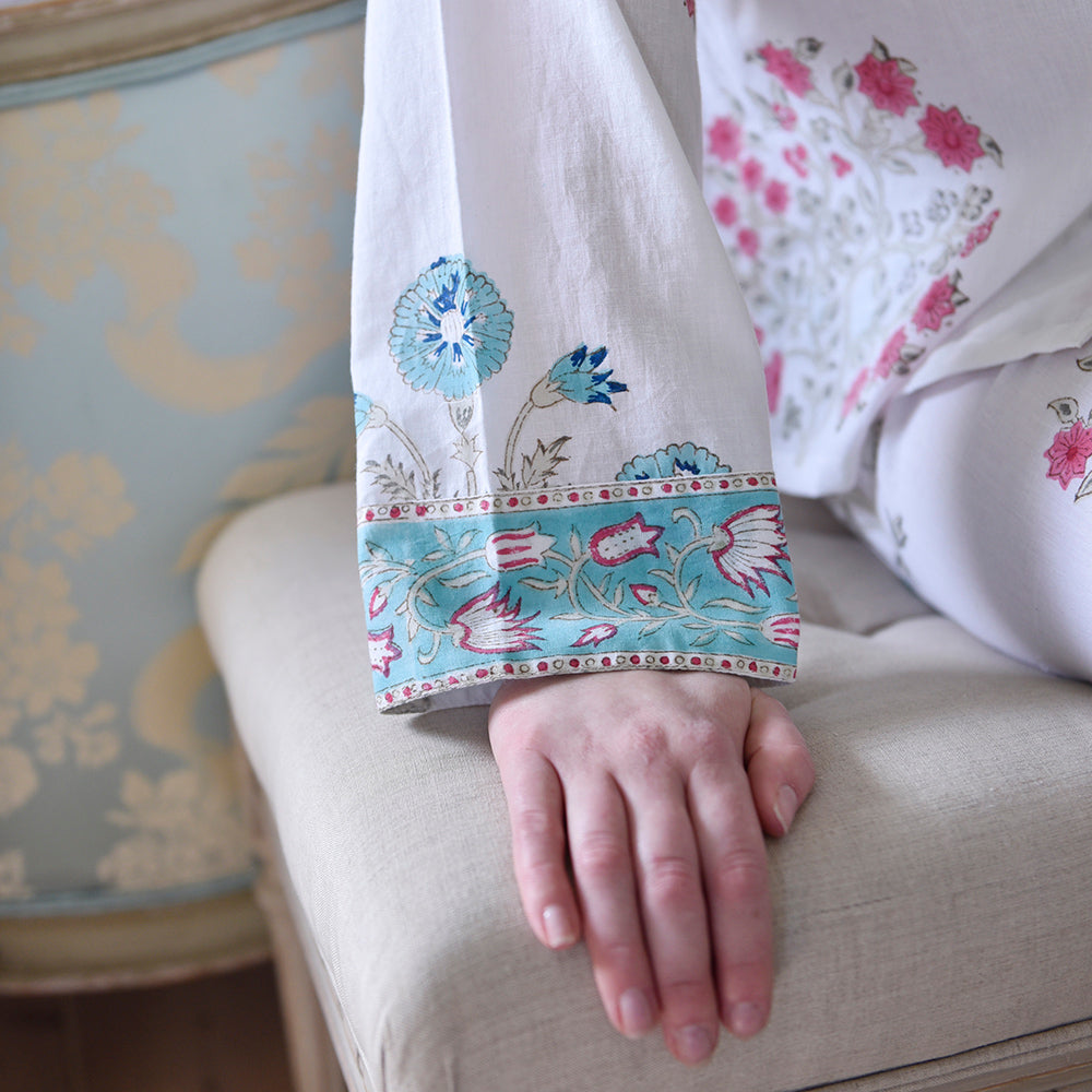 Blue & Pink Floral Block Print Pyjamas Sleeve Detail