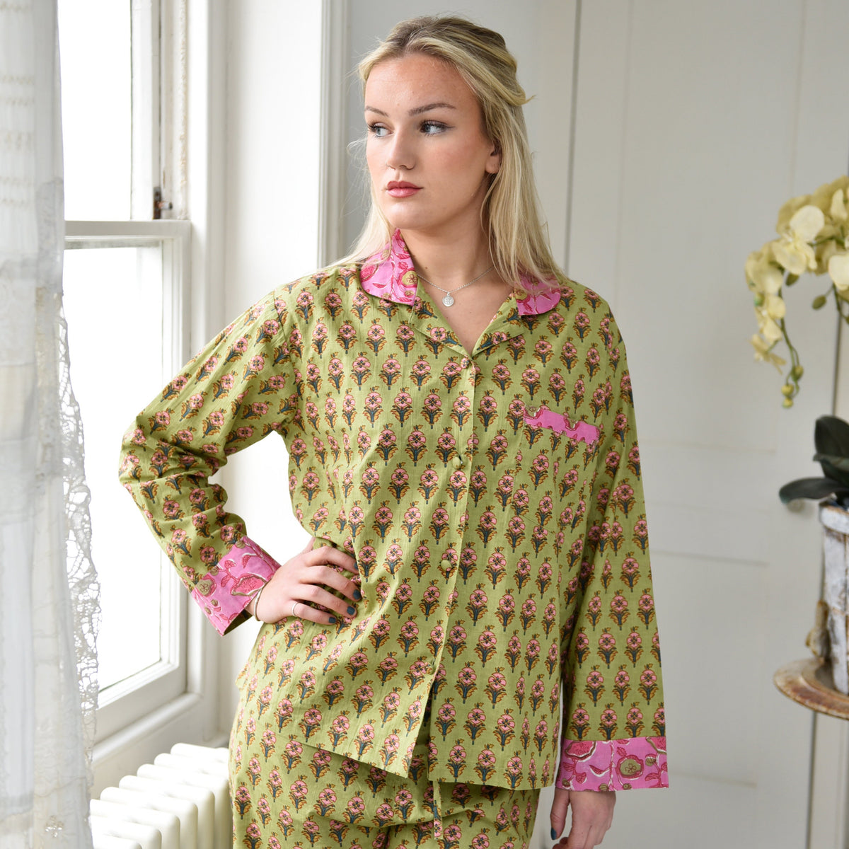 Lime Green & Pink Small Block Print Women’s Pyjamas