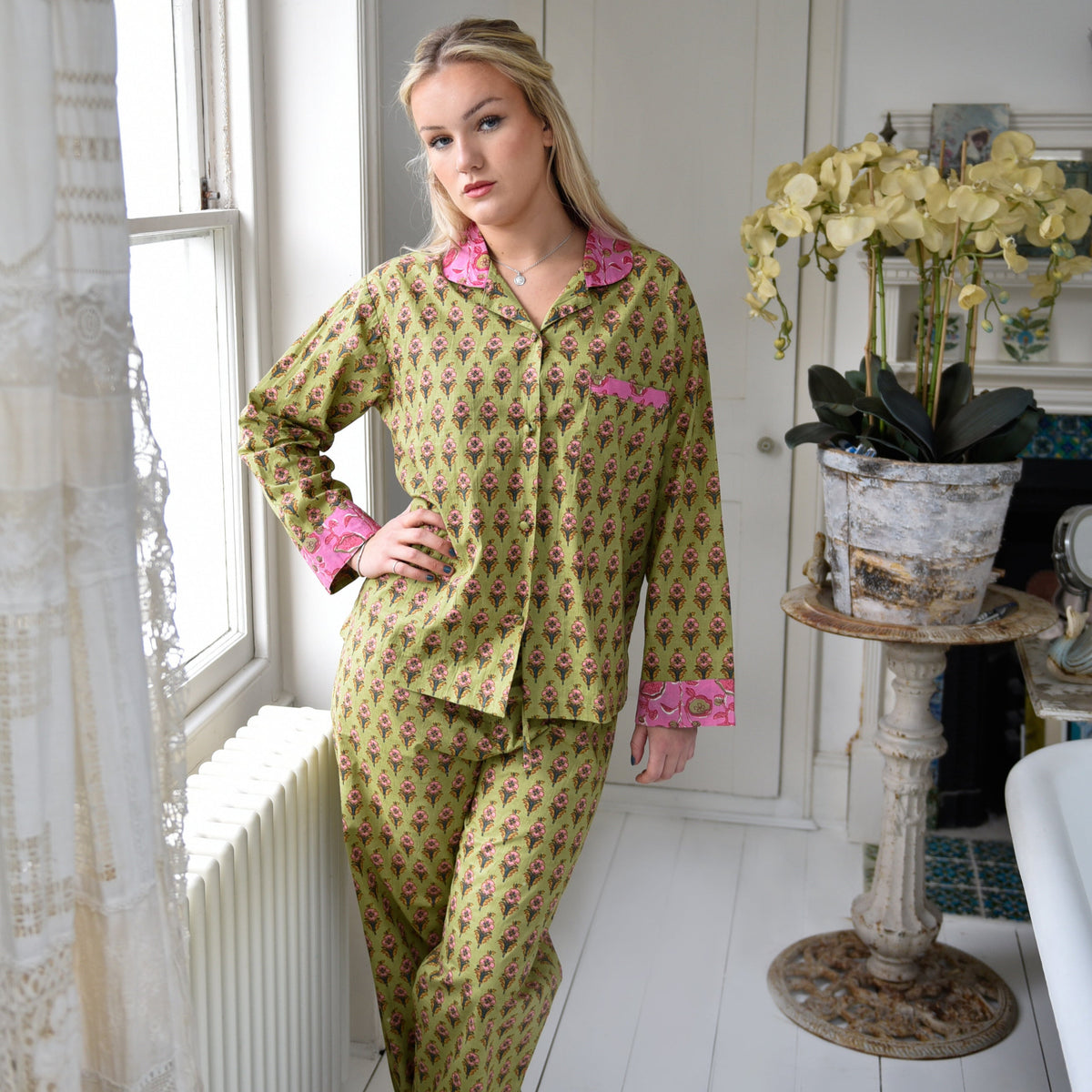 Lime Green & Pink Small Block Print Women’s Pyjamas