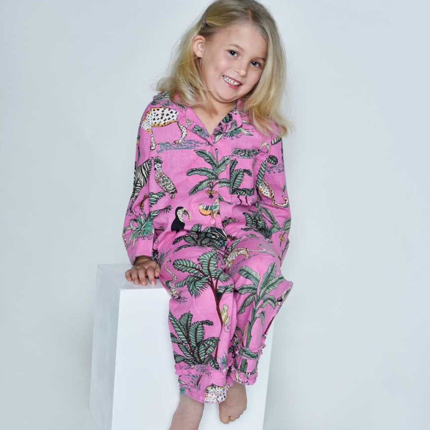 Pink Safari Print Button Down Girls Pyjamas