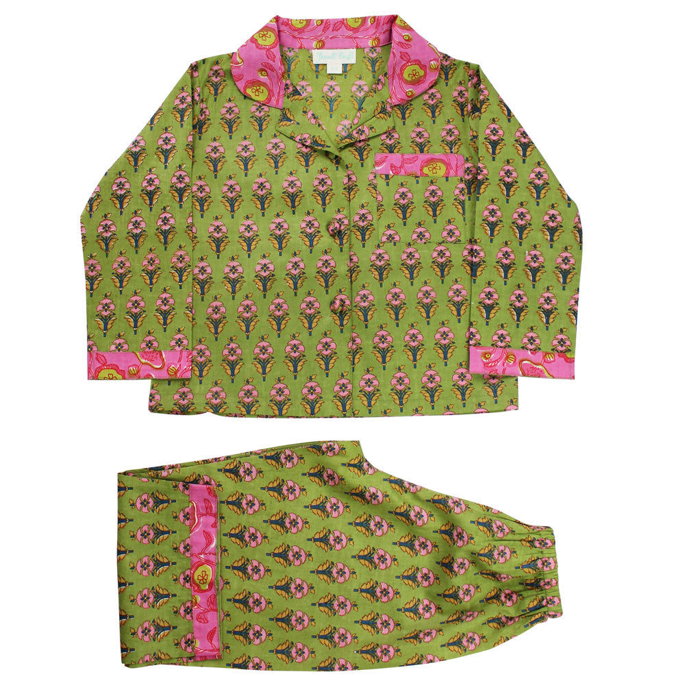 Lime Green & Pink Small Block Print Traditional Cotton Pyjamas